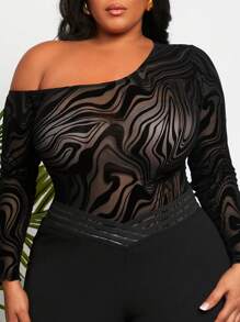 Slaydiva Plus Size Asymmetrical Collar Plush Mesh T-Shirt - Black - View 7