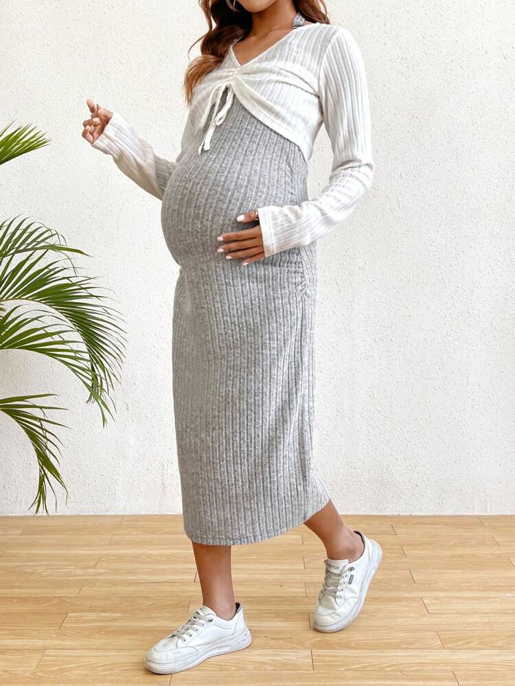 Maternity Solid Color Ribbed Knit Two Piece Set