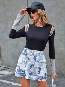 SHEIN Essnce Patchwork Hollow Out Detail T-Shirt With Contrast Trim - Multicolor - View 3