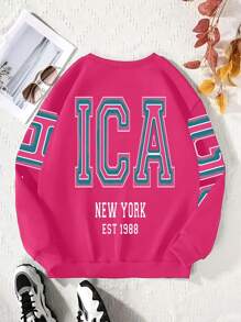 INAWLY Letter Print Drop Shoulder Loose Sweatshirt Pullover Fall Outfit - Hot Pink - View 3