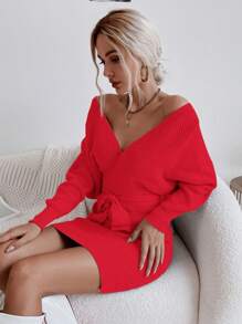 SHEIN Privé 女性編織蝙蝠袖毛衣裙,腰帶設計 - 紅色 - 查看 3