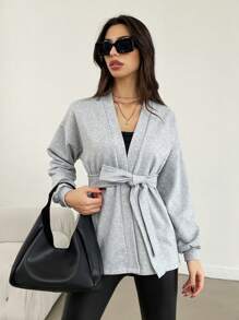 SHEIN Cottnline Của phụ nữ Thắt lưng Lỏng dài Tay áo áo - Xám - Xem 1