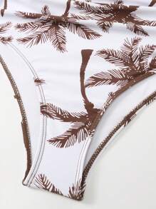 SHEIN Swim 夏季沙灘女士坦克泳衣，熱帶印花拼接高腰褶皺泳裝下褲坦克泳衣套裝 - 咖啡棕 - 查看 5