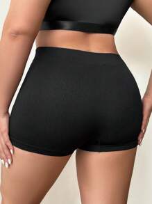 無縫大尺碼女款純色平角短褲 - 黑色 - 查看 2