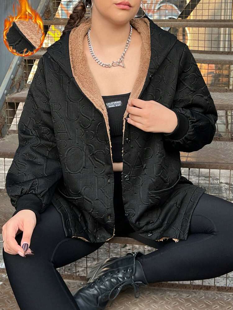 Plus Dual Pocket Teddy Lined Hooded Coat Without Tee