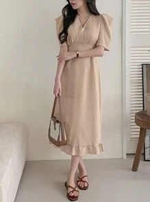 DAZY 女款荷葉邊純色羊腿袖連身裙 - 卡其色 - 查看 3