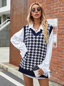 SHEIN LUNE Họa tiết Nanh sói Knit ngọn - Màu xanh lam - Xem 4