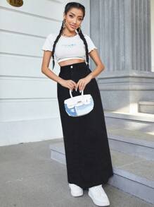 SHEIN ICON Women's Straight Denim Skirt - Black - View 5