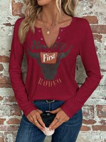 SHEIN Clasi 女士字母與公牛頭印花長袖t恤 - 紅色 - 查看 1