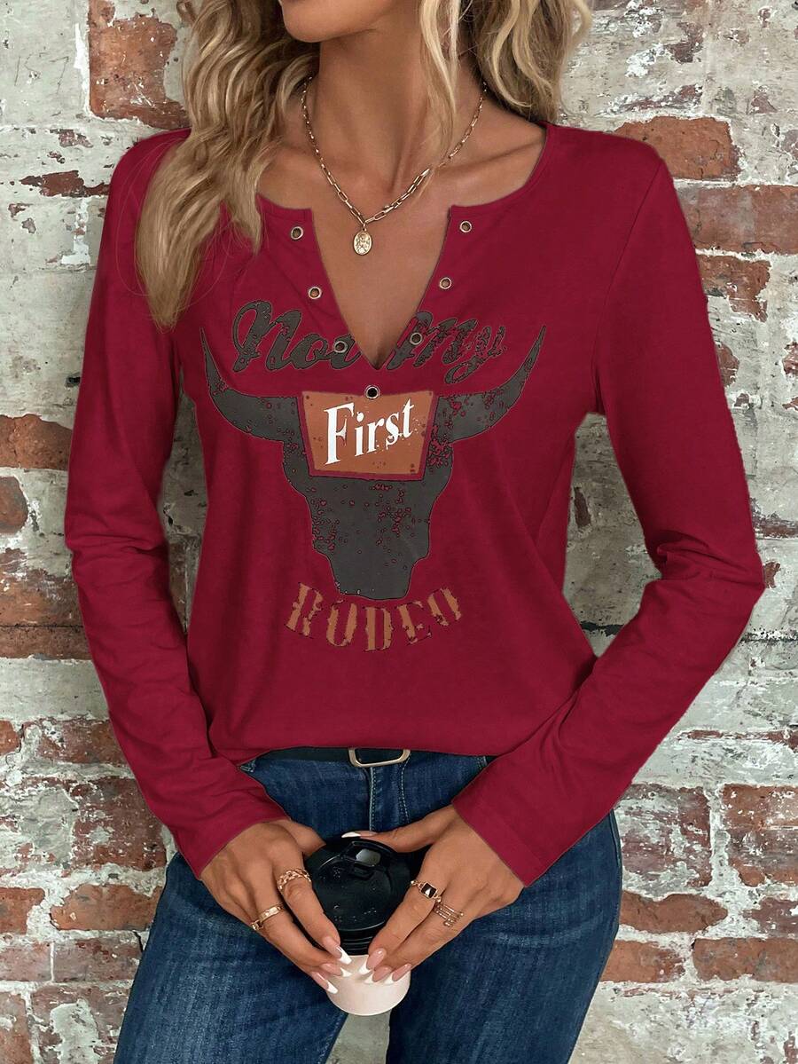 SHEIN Clasi 女士字母與公牛頭印花長袖t恤 - 紅色 - 查看 1