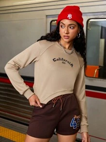 SHEIN Sports Letter Print Raglan Sleeve Asymmetrical Hem Sweatshirt - Khaki - View 5