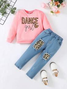幼兒女孩休閒舒適豹紋字母圖案運動衫配拼布仿舊牛仔褲 - 彩色 - 查看 1