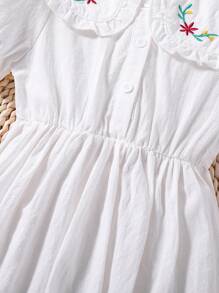 SHEIN Young Girl Floral Embroidery Statement Collar Puff Sleeve Dress - White - View 7