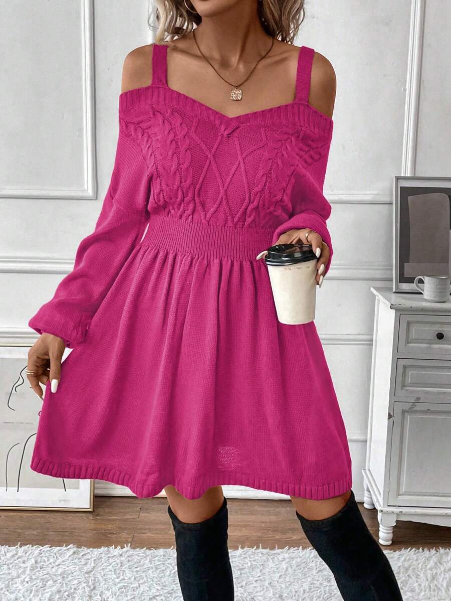 Chiquease Solid Color Open Shoulder Batwing Sleeve Sweater Dress Fall Cloth For Women - Hot Pink - View 1