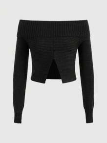 ROMWE Goth Women'S Off Shoulder Split Hem Sweater - Black - View 1