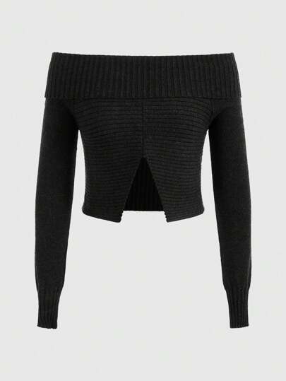 Goth Jersey De Canalé De Punto Con Hombros Descubiertos Y Dobladillo Dividido Para Mujer