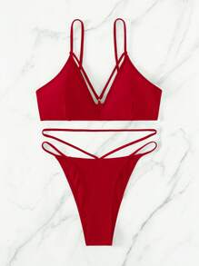 Solid Color Hollow Out Two Pieces Bikini Set New Year Summer Beach - Red - View 5
