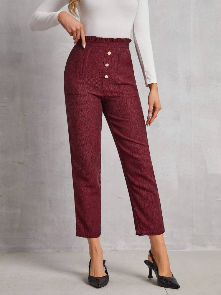 Women'S Paper Bag Waist Solid Color Pants Christmas Winter New Year Red