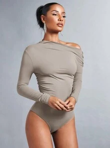 SHEIN BAE 女士不对称领口褶皱紧身衣 - 灰色 - 查看 5