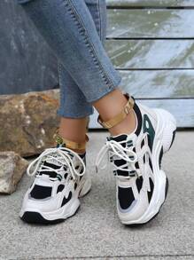 女式時尚黑色拼接圓頭系帶校園風休閒厚底鞋 - 黑色 - 查看 4