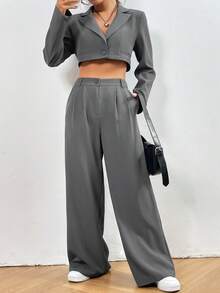 SHEIN EZwear 女款拼色翻領短版西裝外套長褲套裝 - 灰色 - 查看 4