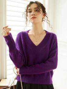 Knit Mix Women's V-Neck Loose Pullover Sweater - Purple - View 5