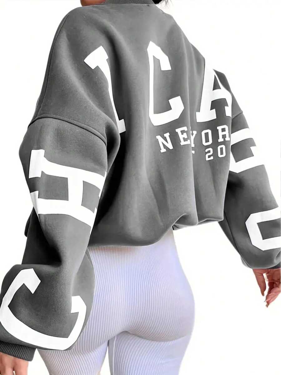 SHEIN EZwear Plus Size Letter Print Long Sleeve Sweatshirt - Grey - View 1