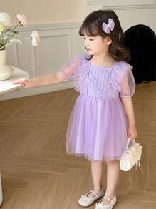 少女純色泡泡袖網紗公主裙 - 紫羅蘭色 - 查看 1