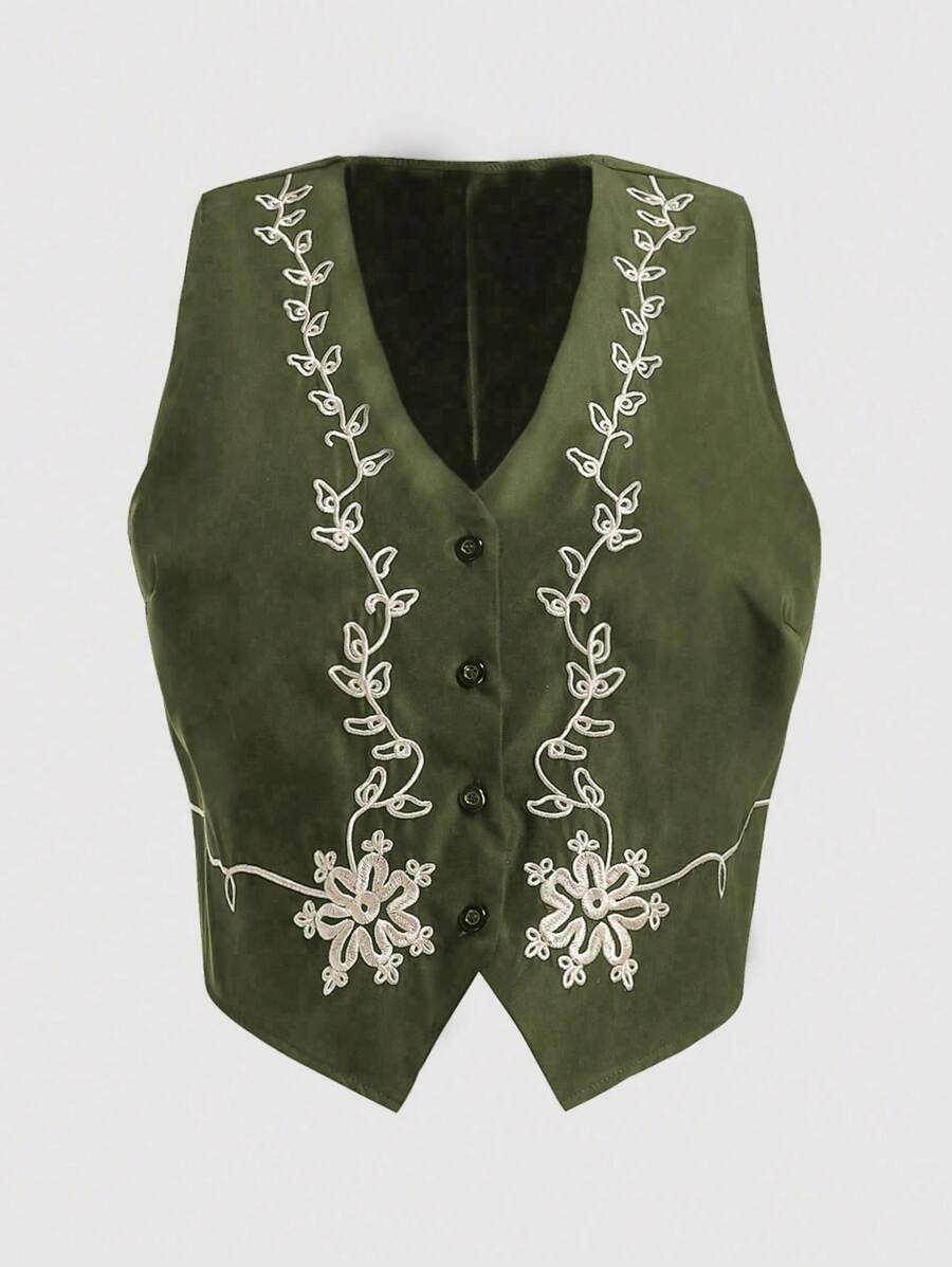 SHEIN MOOSTA 大碼花繡背心外套 - 軍綠色 - 查看 1