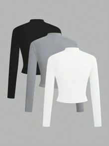 SHEIN EZwear 女款 3 件套裝 毛絨保暖立領長袖 T 卹 - 彩色 - 查看 2