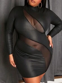Slaydiva Plus Size Stand Collar Mesh Insert Pu Leather Dress - Black - View 1