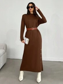 EURMUSE 女士純色立領鈕扣細節裙 - 棕色 - 查看 5