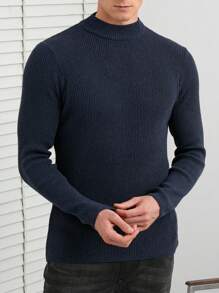 SHEIN Cottnline Men Solid Ribbed Knit Sweater - Navy Blue - View 1