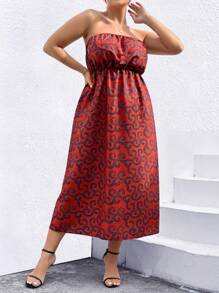 SHEIN Clasi Plus Size Printed Strapless Dress - Red - View 3