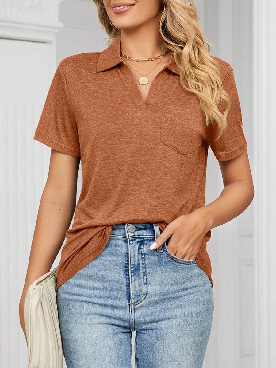 SHEIN Essnce Của phụ nữ Màu thuần Ngắn tay Áo thun - Đồng - Xem 1