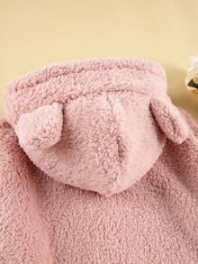 SHEIN Tween Girls' Hooded Plush Jacket With Cute Ears And Zipper Front - Pink - View 3