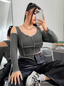 SHEIN Coolane 大尺碼拼接鏤空肩部細部 T 卹 - 深灰色 - 查看 1