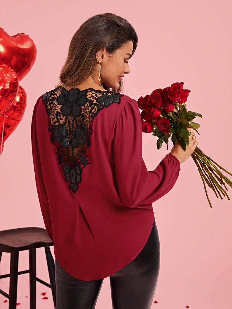 Valentine's Day Women Patchwork Lace Long Sleeve Shirt
