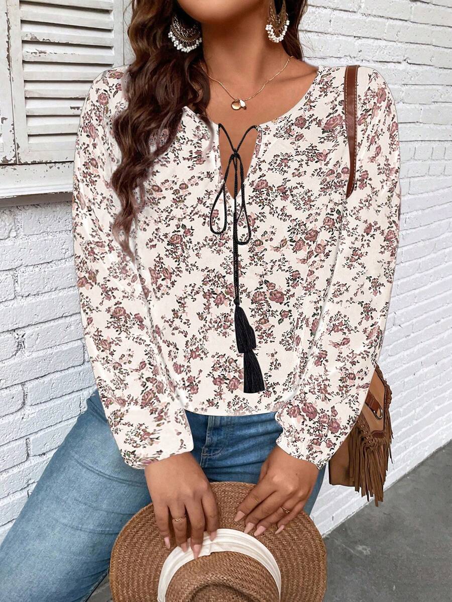 SHEIN LUNE 大碼花卉印花長袖襯衫 - 白色 - 查看 1