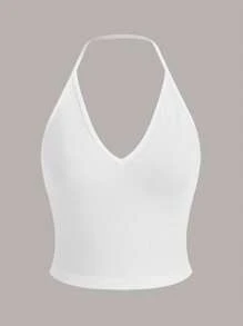 SHEIN EZwear Summer  Outfits 3pcs Solid Color Ribbed Knit Halter Top - Red and White - View 9