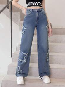 少女時尚星星貼片設計水洗牛仔直筒褲 - 中等水洗藍 - 查看 1