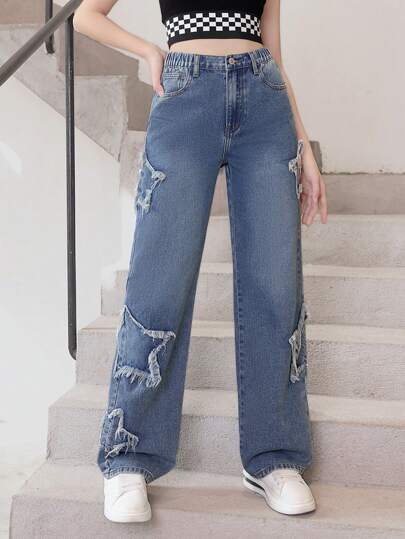 少女時尚星星貼片設計水洗牛仔直筒褲