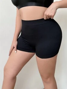 無縫大尺碼女款純色平角短褲 - 黑色 - 查看 4