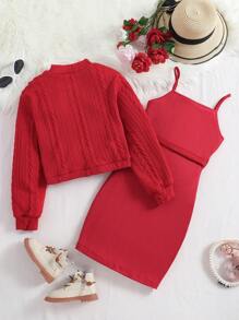 Tween Girls' Wrap Hem Texture Pullover Hoodie And Cami Dress Set With Waist Bag - Burgundy - View 2