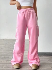 SHEIN EZwear 女性實色束口腰帶口袋寬腿鬆身健身褲 - 粉色 - 查看 5