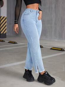 SHEIN ICON 女仿舊破洞下擺牛仔褲 - 淺色水洗藍 - 查看 6