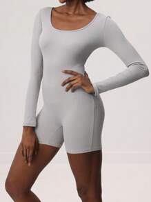 INAWLY Ladies' Ribbed Tight-Fitting Romper - Grey - View 4