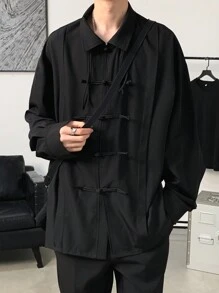 Claim Dot 男士春夏秋季休闲中国风纯色韩版时尚纽扣长袖立领衬衫，适合外出，秋季 - 黑色 - 查看 4