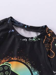 SHEIN Leap Crew 3入組男童休閒純色短袖T恤加印花設計，配有短褲、帽子和游泳裝 - 黑色 - 查看 6