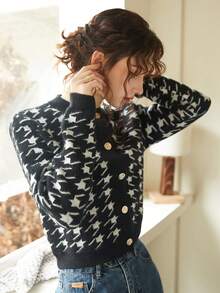 Knit Mix Women Houndstooth Cropped Cardigan - Black - View 3